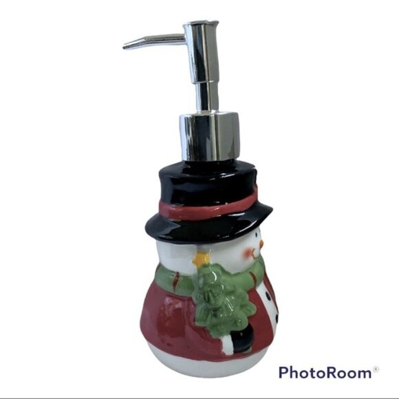 Snowman Ceramic Soap Lotion Pump Dispenser Glazed Hand Painted Christmas Festive - Picture 2 of 9